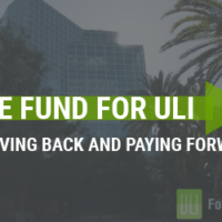 "The Fund for ULI: Giving Back and Paying Forward" over a green arrow with a building and trees in the background.