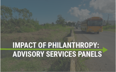 "Impact of Philanthropy: Advisory Services Panels" over a darkened image of a school bus driving down an empty road